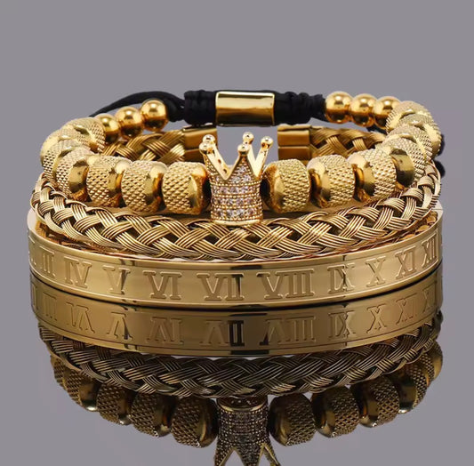 Men’s Crown & Roman stainless steel bracelet set.